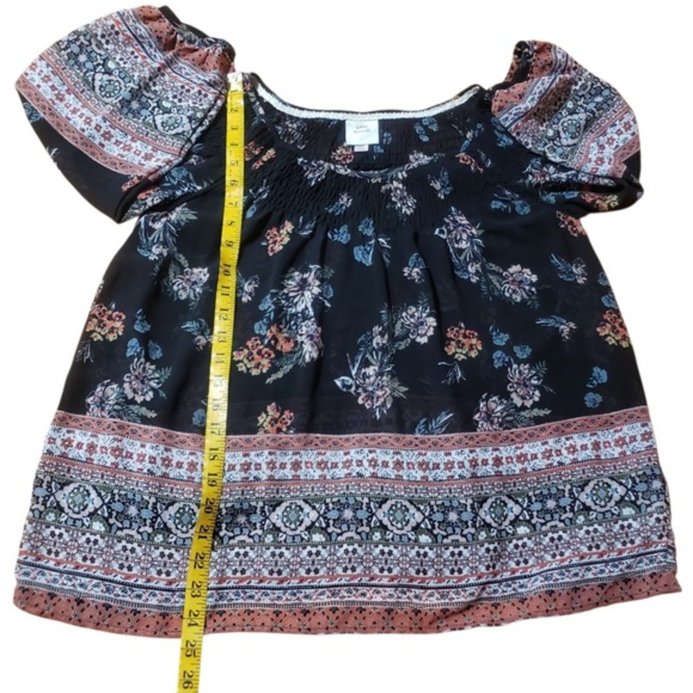Knox Rose Semi Sheer Boho Blouse Women's XS Floral 3/4 Sleeve Smocked Neckline - Picture 9 of 9